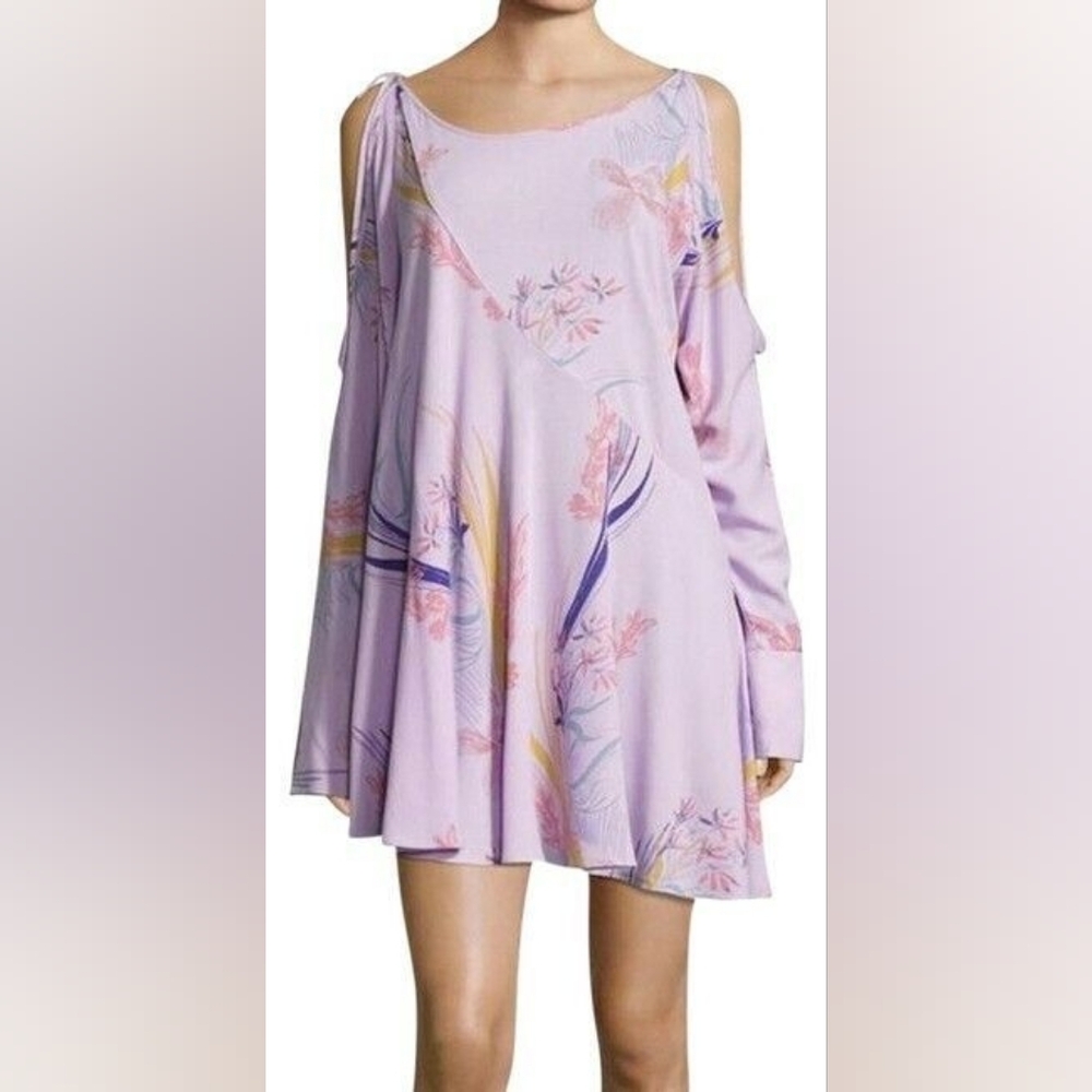 Free People Clear Skies Cold Shoulder Printed Floral Tunic Lilac Purple Small